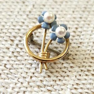 Vintage Rolled Gold Pearl and Enamel Forget-Me-Knot Mini brooch